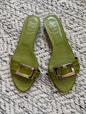 Roger Vivier Green Patent Slide Sandals with Silver Buckles